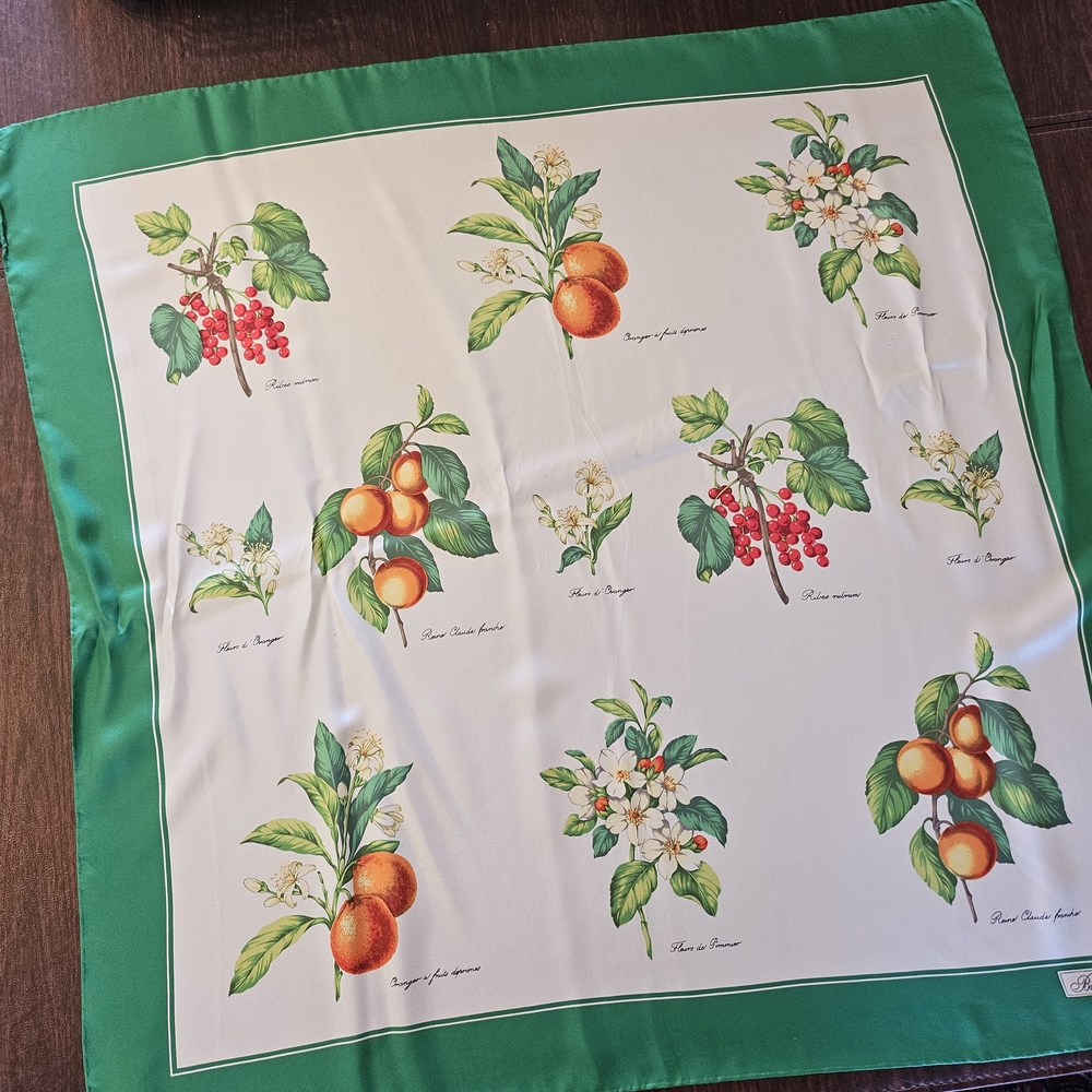 Floral and Fruit Print Scarf with Green Border